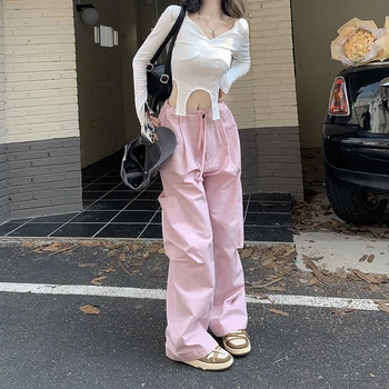 Винтажный модный милый крутой костюм, необычная короткая футболка с длинными рукавами, женский осенний розовый Широкий комбинезон