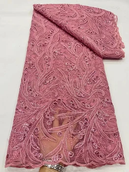 Пыльно-розовые Цветы Французское Кружево Блестки Тюль Вышивка Качественная Чистая ткань Для Свадебного платья