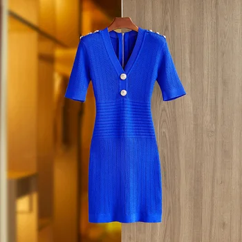 И лето-весна 2023, Новое трикотажное платье с короткими рукавами, Темно-синяя Белая юбка на молнии с V-образным вырезом, Маленькая Сексуальная
