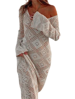 Женское длинное облегающее платье в стиле Ретро, вязаное крючком, с V-образным вырезом, с длинным рукавом, облегающее платье, Весенне-осеннее праздничное платье