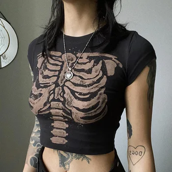 Skeleton Top y2k Эстетический Женский Сказочный Гранж, футболка с круглым вырезом и коротким рукавом, Одежда 2000-х, Темная академическая одежда, уличная одежда
