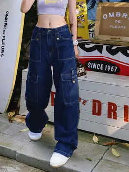 Прямые джинсы с высокой талией в стиле n, женские свободные брюки в пол с несколькими карманами, высокая уличная мода
