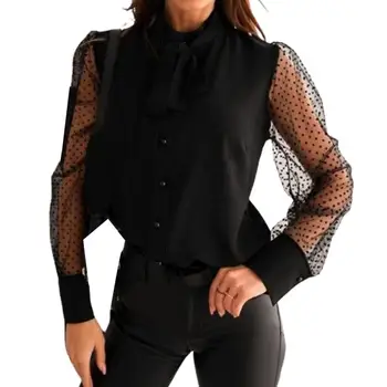 Женская прозрачная сетчатая рубашка с длинными рукавами и пуговицами в горошек в стиле Ретро, Женская Блузка и топ