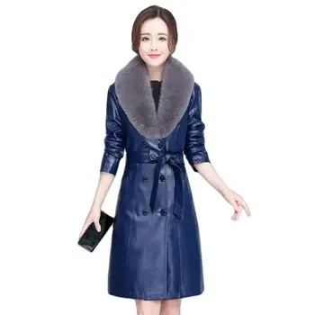 Haining Leather Женская длинная корейская версия тонкой ветровки с отворотом из овчины большого размера, осенне-зимнее пальто