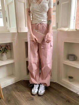Комбинезон, Женские повседневные брюки в американском стиле в стиле ретро, Свободные Легкие Прямые брюки с завязками на щиколотках, карманом на высокой талии, розовые