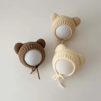 Милые Детские вязаные шапки с помпонами 2023, Корейская шерстяная шапка с милыми медвежьими ушками, Осенне-зимняя Детская теплая шапка для защиты ушей