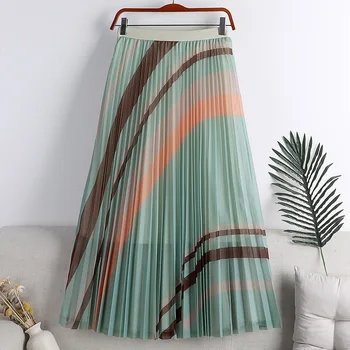 Летняя плиссированная юбка до середины икры в цветную полоску, эластичная сетка с высокой талией, Свободная корейская модная элегантная универсальная женская юбка