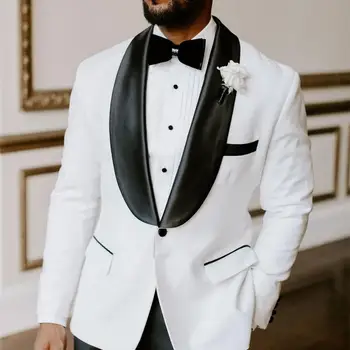 Свадебный костюм для Мужчин, Мужской комплект для жениха, Белый жакет, Черная шаль с лацканами, 2 предмета (пальто + брюки), приталенный Блейзер для мужчин 2023