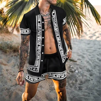 Негабаритная новая модная мужская Гавайская рубашка с 3D принтом + шорты, комплект с коротким рукавом, Летние повседневные пляжные мужские комплекты из двух предметов с цветочным рисунком