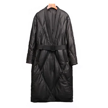 Пуховик из натуральной овчины Haining, женское черное пальто средней длины, утолщенное кожаное пальто
