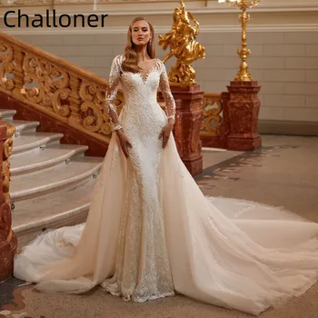 Роскошные свадебные платья Русалки Challoner Со съемным шлейфом С длинными рукавами Аппликации Атласное свадебное платье, расшитое бисером, Vestidos New