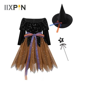 Детский Карнавальный костюм Ведьмы на Хэллоуин для девочек, Карнавальный наряд для вечеринки, Сетчатое платье-пачка с длинным рукавом, Шляпа и набор палочек