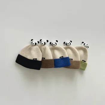 Осенне-зимние детские шапочки, милые аксессуары с изображением панды из мультфильма, вязаные шапки для мальчиков и девочек, мягкие теплые детские шапочки