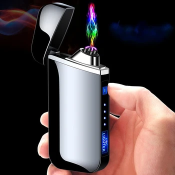 Двухдуговая зарядная зажигалка USB с сенсорным управлением, металлическая ветрозащитная электронная зажигалка для сигарет, трансграничный мужской подарок