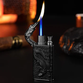 Новая креативная зажигалка с двойным огнем, уличный ветрозащитный металлический воспламенитель для сигар, Специальный подарок для мужчин, может быть заполнен бутаном