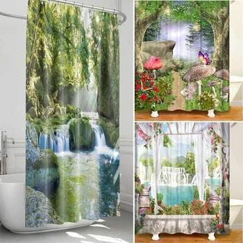 Занавеска для душа с принтом зеленых тропических растений из водонепроницаемого полиэстера для ванной комнаты 3D Занавеска для душа с декором в виде 12 крючков