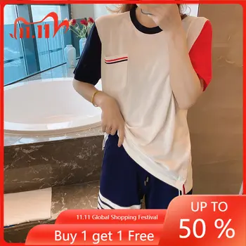 Высококачественная Новая футболка в корейском стиле TB, двухцветная футболка с коротким рукавом, женский молодежный свободный топ с круглым вырезом, пара полурукавов