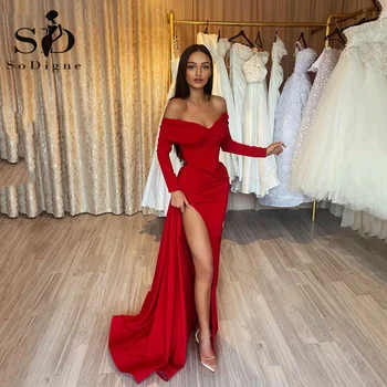 Вечерние платья SoDigne Red в арабском стиле для свадебной вечеринки, атласные платья с V-образным вырезом и разрезом по бокам, платья Знаменитостей с длинными рукавами для выпускного вечера