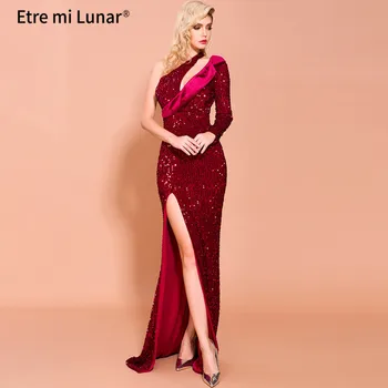 Сексуальные красные вечерние платья с неровным вырезом на одно плечо с блестками, элегантное вечернее платье макси с высоким разрезом 