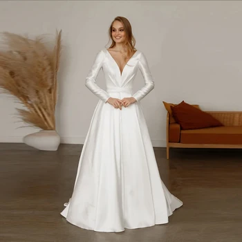 Винтажное атласное Свадебное платье Трапециевидной формы с длинным рукавом и открытой спиной, простое белое свадебное платье для невесты Длиной до пола Vestido De Novia