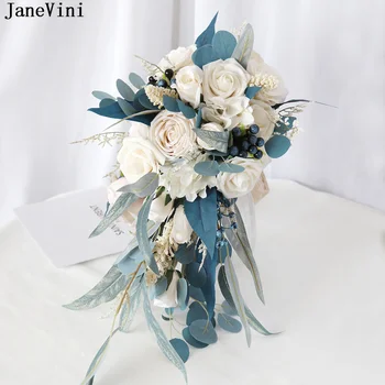 JaneVini Винтажный Свадебный Букет с Водопадом Искусственные Цветы Свадебные Букеты Кремовые Розы Каскад Цветов Невесты В руках 2022