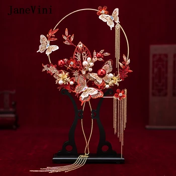 JaneVini 2020 Новейшие Дизайнерские Китайские Букеты для Новобрачных, Веера Ручной Работы, Красные Металлические Цветы-Бабочки, Свадебные украшения, Аксессуары