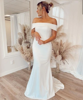 Простое Свадебное платье Русалки 2021, Атласное платье со шлейфом на молнии с открытыми плечами, Винтажное платье Невесты для гражданского брака, Vestidos De Noiva