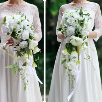 Женские искусственные белые цветы, Свадебные букеты для невесты, водопад с каплями воды, Шелковые цветы для годовщины свадебной церемонии