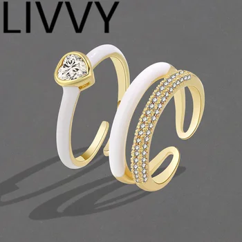 LIVVY Золотого цвета, Элегантное двойное кольцо для Любви, Кольца с Регулируемым Отверстием и цирконием Для женщин, Свадебные ювелирные аксессуары