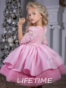 Ярко-розовое платье с блестками и цветочным узором для девочек, платье с квадратным вырезом, платье на День Рождения, Короткие рукава, Милое платье для маленьких девочек, платье Принцессы для Первого Причастия