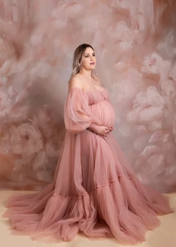 18041 #Розовое Тюлевое платье без бретелек со съемными рукавами для беременных, Длинный плиссированный подол, Женское платье для беременных Для фотосессии Свадебного гостя