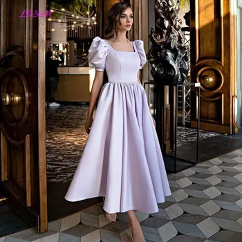 Современные светло-фиолетовые вечерние платья с квадратным вырезом и пышными рукавами, платья для выпускного вечера Длиной до чая, Атласные платья для свадебной вечеринки 2022, сшитые на заказ