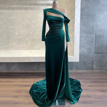 Тонкие Зеленые Платья Русалки для выпускного вечера, Бархатное вечернее платье с высоким разрезом на одно плечо, Платья для коктейлей в Саудовской Аравии, Размер на заказ