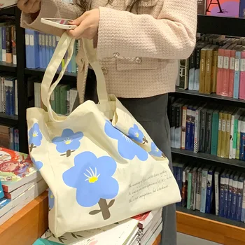Женская холщовая сумка 2023, новая летняя корейская сумка через плечо с цветами, сумка для книг, сумка для девочек большой емкости