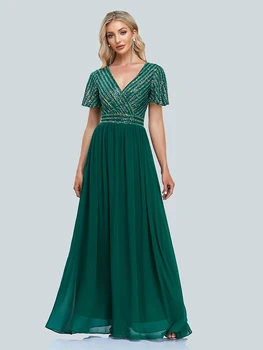2023 новое женское шифоновое платье трапециевидной формы с короткими рукавами и V-образным вырезом, расшитое блестками, Платье большого размера для выпускного вечера
