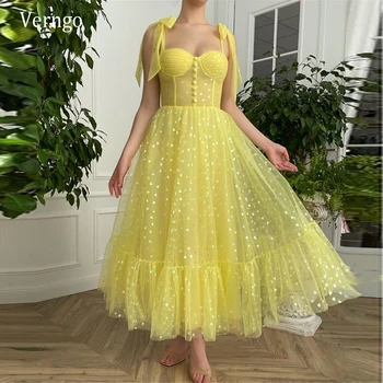 Verngo 2021 Новые Ярко-желтые платья для выпускного вечера Трапециевидной формы с сердечками из тюля на бретелях, завязанных бантом, длиной до щиколоток, вечернее платье в стиле милой девушки