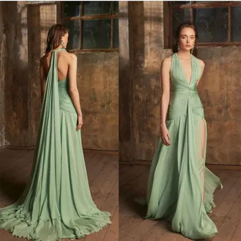 Сексуальные Длинные шифоновые вечерние платья зеленого цвета с разрезом, длина до пола, V-образный вырез, плиссированные вечерние платья с открытой спиной для женщин