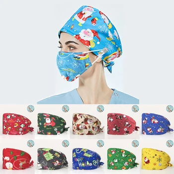 Хлопковая Рождественская шапочка медсестры с мультяшным принтом, Женская Шапочка-скраб, впитывающая пот, Мужская Шляпа Стоматолога, Мужская шапочка для ухода в Салоне красоты