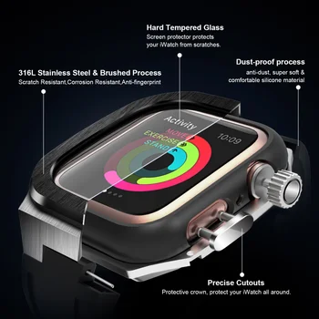 Для Apple Watch 7/8 45 мм Роскошный Комплект Модификации из Нержавеющей Стали 316L Ремешок + Чехол Для iWatch 6 SE 5 4 44 мм Мужской Силиконовый Ремешок