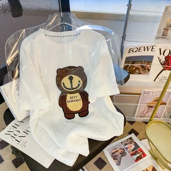 Винтажная футболка с вышивкой медведя, Модный Свободный Хлопковый топ с коротким рукавом 2023, Весна-лето, Новый базовый стиль
