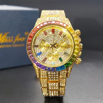 Золотые Мужские часы с Радужным муассанитом, Роскошные Классические водонепроницаемые кварцевые часы в стиле хип-хоп, ювелирные часы со льдом, подарок для мужчины