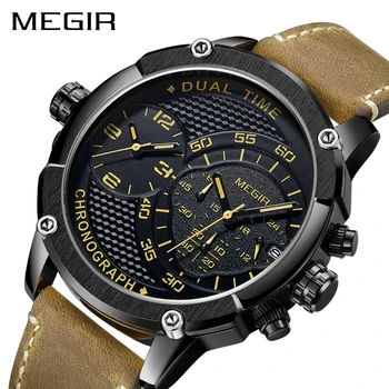 MEGIR Chronograph Sport Quarzuhr Männer Dual Time Zone Männer Handgelenk Uhren Kreative Leder Armee Military Armbanduhren Uhr St