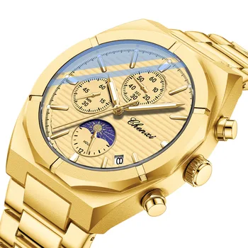 Роскошные золотые часы Для мужчин, хронограф с большим циферблатом, Многофункциональные Повседневные деловые Кварцевые наручные часы для мужчин, Водонепроницаемый стальной ремешок