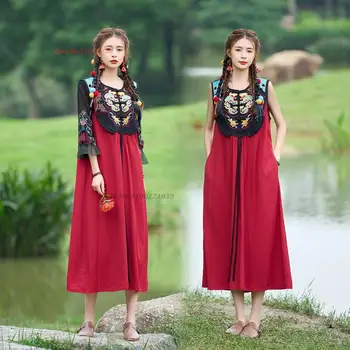 2023 традиционное китайское винтажное платье, сарафан с национальной цветочной вышивкой, ретро улучшенное платье ципао, восточное платье без рукавов