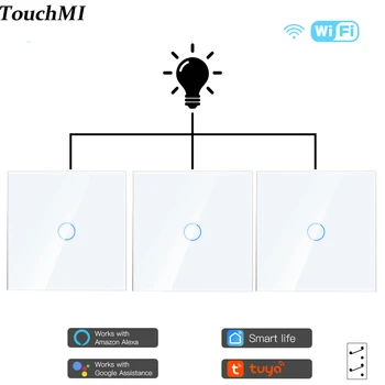 TouchMI Wifi Выключатели света 1/2/3Way Настенный Сенсорный выключатель Smart 1/2/3Gang Glass Tuya Google Smart Life Alexa Alice Беспроводное Управление
