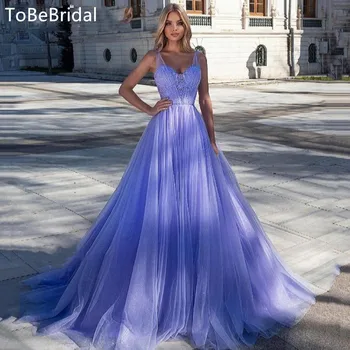 Роскошное Вечернее Платье 2023, Фиолетовая Тюлевая Аппликация, Сверкающее бисером, Свадебное платье Трапециевидной формы С Высокой Талией, с высокой Талией, с высокой талией