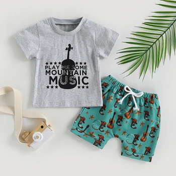 Комплект Одежды для маленьких мальчиков, серая футболка с короткими рукавами и буквенным принтом гитары, с эластичной резинкой на талии, Сапоги, шорты с принтом, летняя одежда