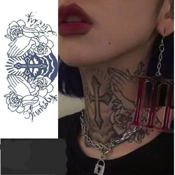 Временные тату-наклейки с черным Крестом и бабочкой для женщин и мужчин, буквы иероглифы, водонепроницаемая поддельная татуировка, татуировка на шее, боди-арт