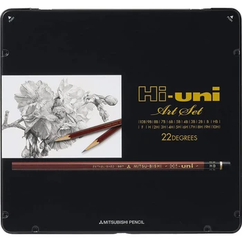 Uni Hi-Набор графитовых карандашей для рисования Uni Graphite Sketch Pencil Art Set - от 10B до 10H - Коробка из 22 дизайнерских профессиональных деревянных карандашей для рисования и растушевки