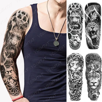 Водонепроницаемые временные татуировки на всю руку, наклейки с часами в виде Льва, Флеш-татуировки с розами, мужские татуировки на бедрах, Боди-арт, большие поддельные татуировки на рукавах, женские